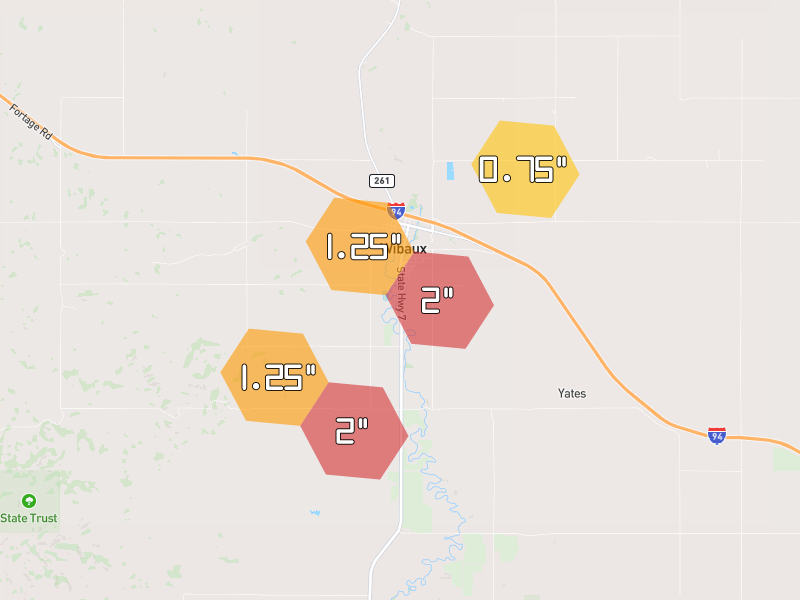 Hail map of Wibaux, MT on Jun 27, 2026, hail up to 2"