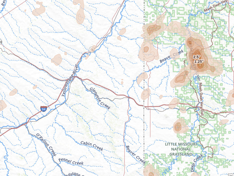 Radar-estimated hail-size map of the storm over Wibaux, MT on Jul 2, 2026