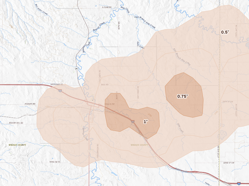 Radar-estimated hail-size map of the storm over Wibaux, MT on Sep 27, 2026
