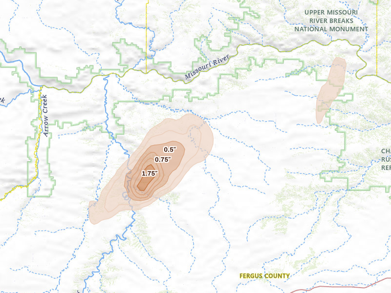 Radar-estimated hail-size map of the storm over Winifred, MT on Jun 26, 2026