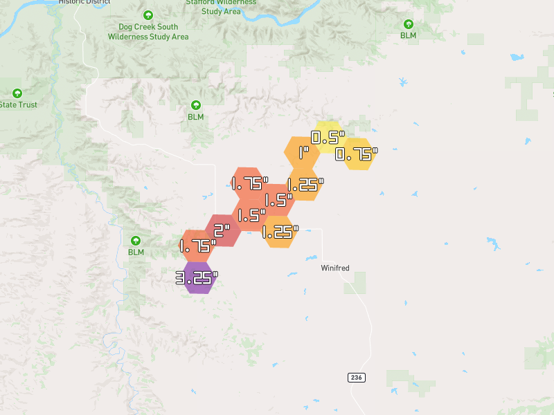 Hail map of Winifred, MT on Jun 26, 2026, hail up to 3.25"