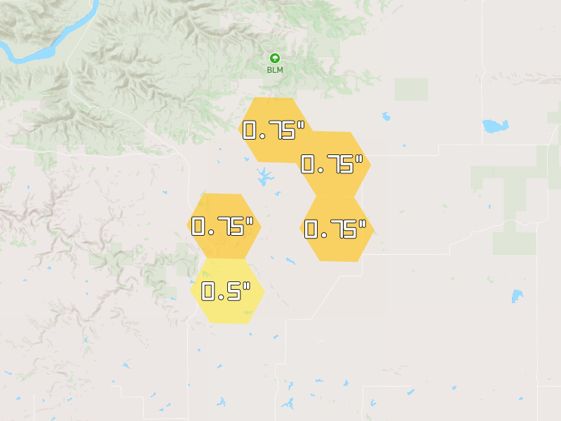 Hail map of Winifred, MT on Jun 27, 2026, hail up to 0.75"