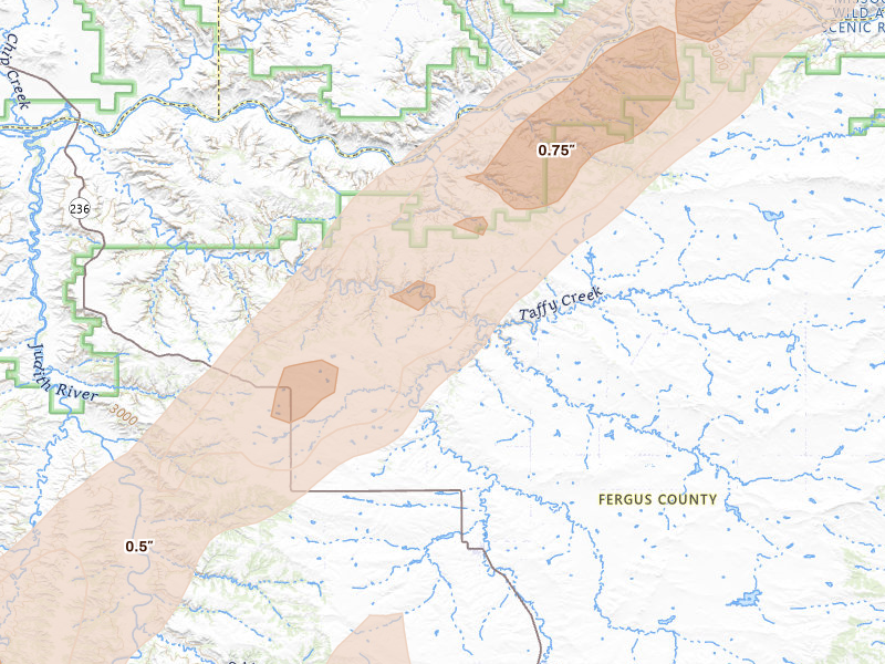 Radar-estimated hail-size map of the storm over Winifred, MT on Jul 5, 2026