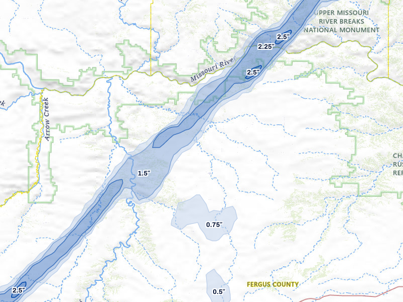 NEXRAD radar-signature map of the hail storm over Winifred, MT on Jul 5, 2026