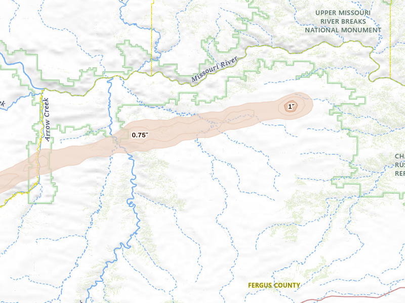 Radar-estimated hail-size map of the storm over Winifred, MT on Jul 8, 2026