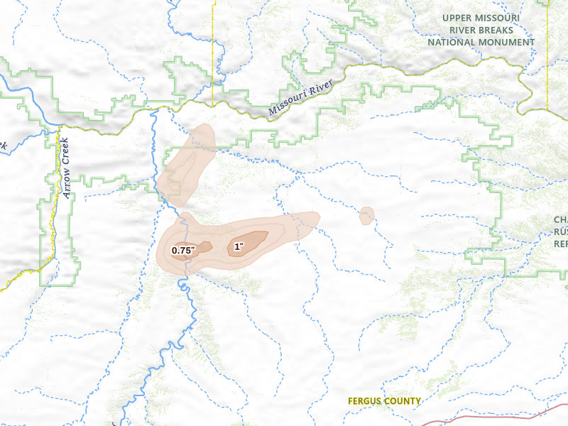 Radar-estimated hail-size map of the storm over Winifred, MT on Jul 14, 2026