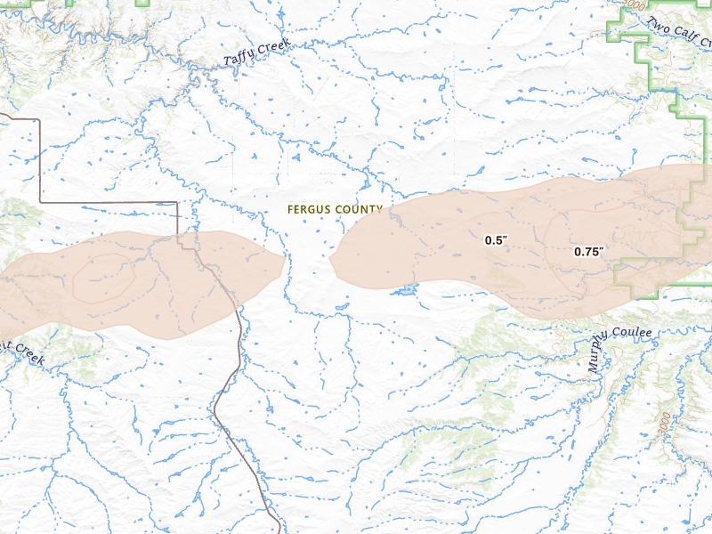 Radar-estimated hail-size map of the storm over Winifred, MT on Aug 23, 2026