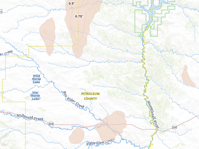 Radar-estimated hail-size map of the storm over Winnett, MT on May 13, 2026