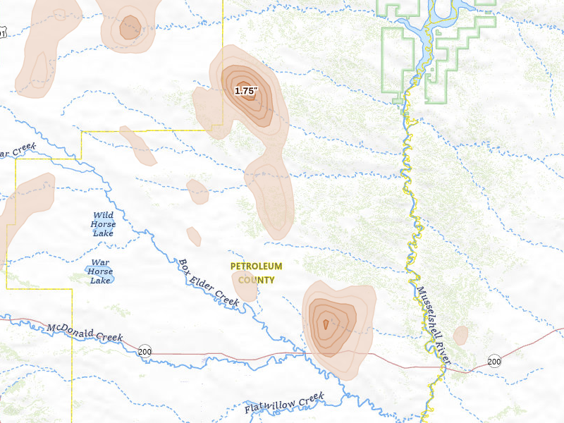 Radar-estimated hail-size map of the storm over Winnett, MT on May 29, 2026