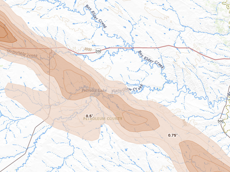 Radar-estimated hail-size map of the storm over Winnett, MT on Aug 18, 2026