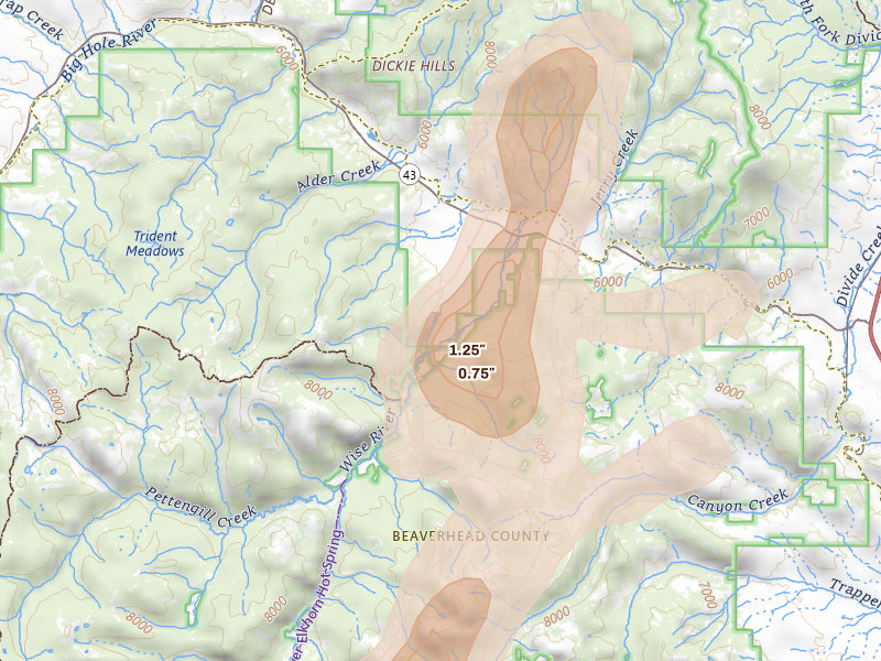 Radar-estimated hail-size map of the storm over Wise River, MT on Jul 16, 2026