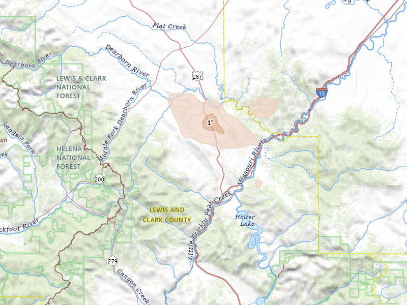 Radar-estimated hail-size map of the storm over Wolf Creek, MT on Jun 25, 2026