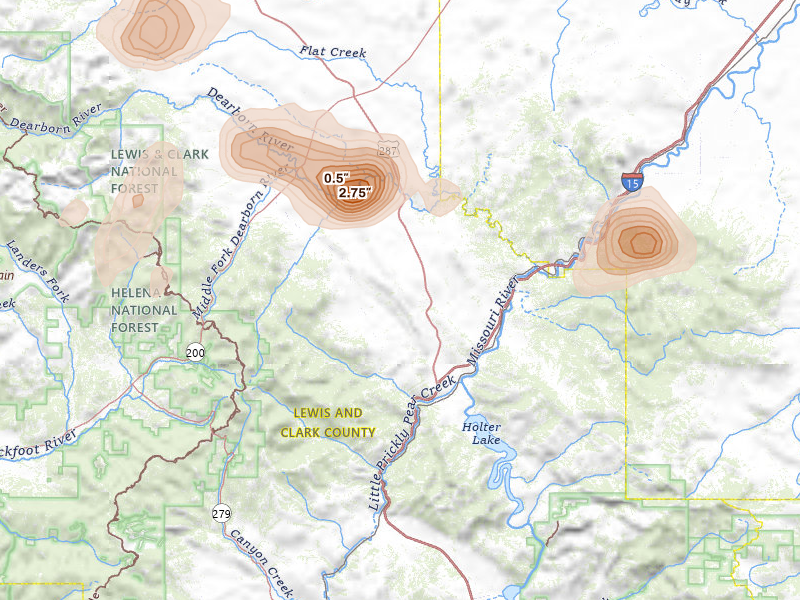 Radar-estimated hail-size map of the storm over Wolf Creek, MT on Jul 16, 2026