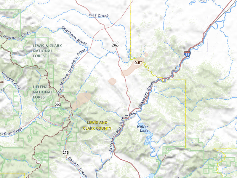 Radar-estimated hail-size map of the storm over Wolf Creek, MT on Jul 18, 2026