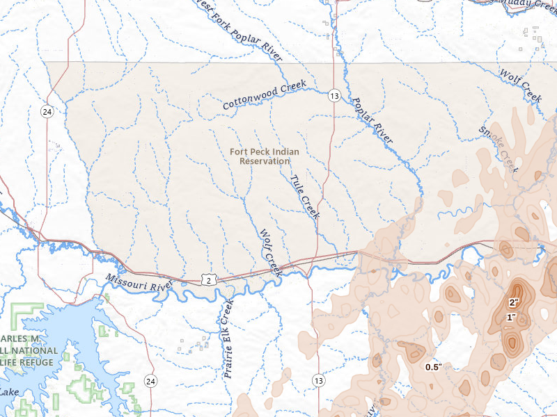 Radar-estimated hail-size map of the storm over Wolf Point, MT on Jun 6, 2026