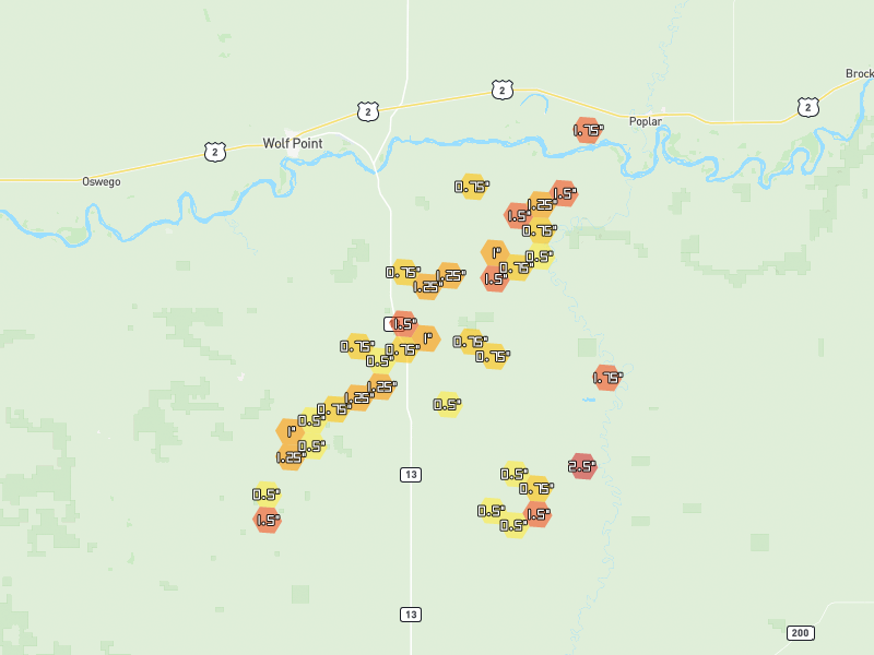 Hail map of Wolf Point, MT on Jun 7, 2026, hail up to 2.5"