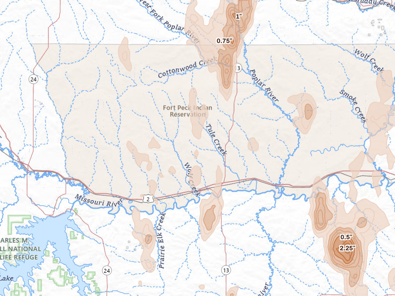 Radar-estimated hail-size map of the storm over Wolf Point, MT on Jun 27, 2026