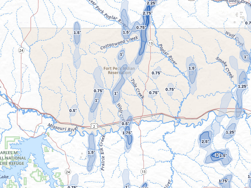 NEXRAD radar-signature map of the hail storm over Wolf Point, MT on Jun 27, 2026