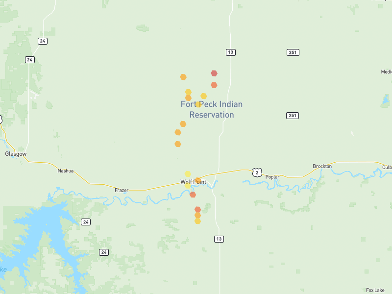 Hail map of Wolf Point, MT on Jun 27, 2026, hail up to 2"