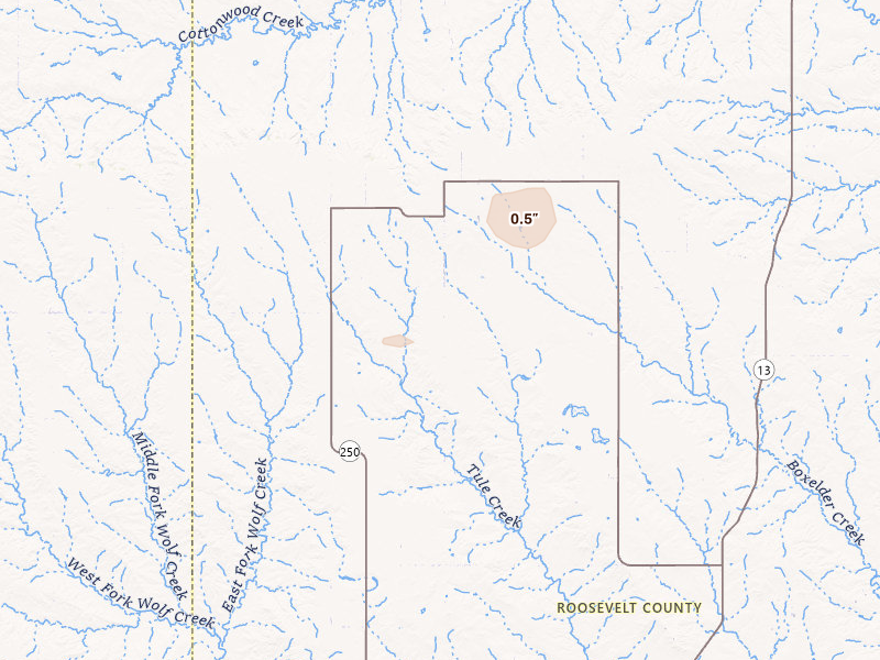 Radar-estimated hail-size map of the storm over Wolf Point, MT on Aug 30, 2026