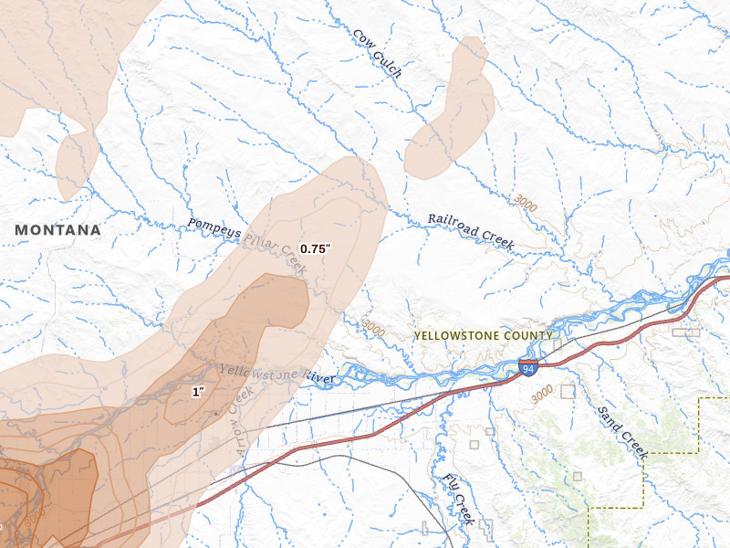 Radar-estimated hail-size map of the storm over Worden, MT