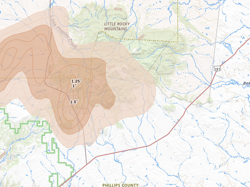 Radar-estimated hail-size map of the storm over Zortman, MT on May 29, 2026