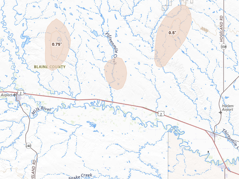 Radar-estimated hail-size map of the storm over Zurich, MT