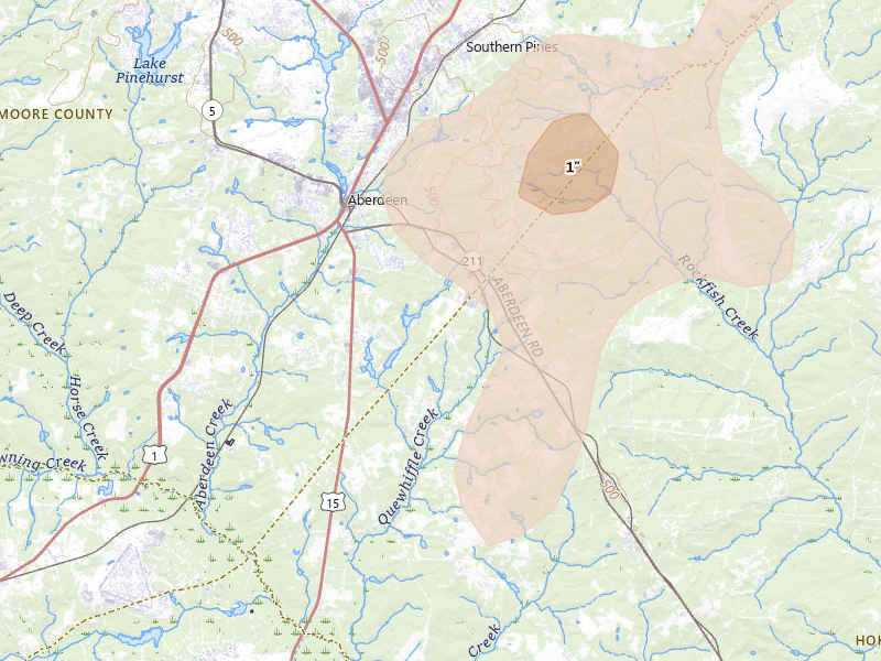 Radar-estimated hail-size map of the storm over Aberdeen, NC on Jul 5, 2026