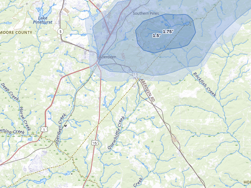 NEXRAD radar-signature map of the hail storm over Aberdeen, NC on Jul 5, 2026