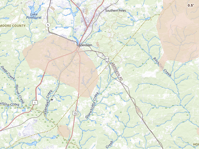 Radar-estimated hail-size map of the storm over Aberdeen, NC on Aug 11, 2026