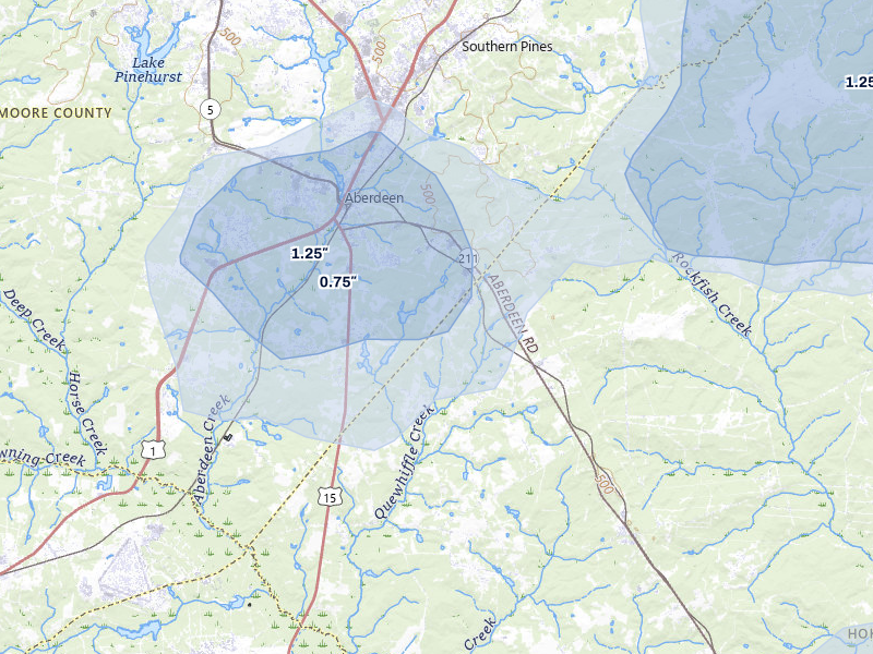 NEXRAD radar-signature map of the hail storm over Aberdeen, NC on Aug 11, 2026