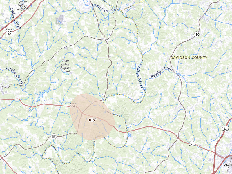 Radar-estimated hail-size map of the storm over Advance, NC on Jul 20, 2026