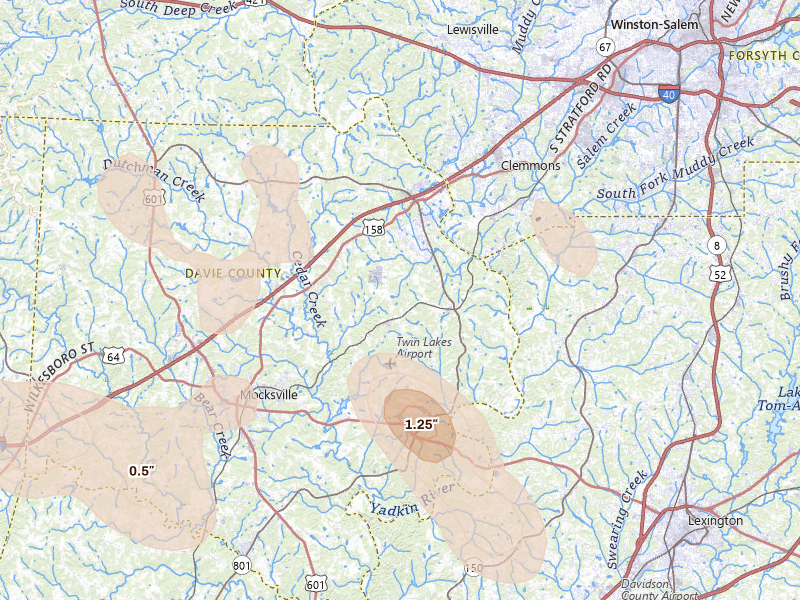 Radar-estimated hail-size map of the storm over Advance, NC on Aug 11, 2026