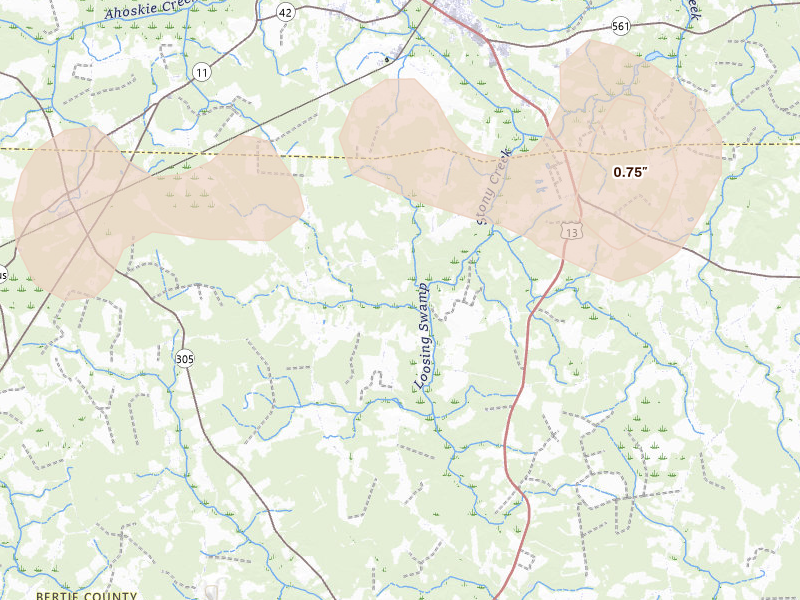 Radar-estimated hail-size map of the storm over Ahoskie, NC on Jun 12, 2026