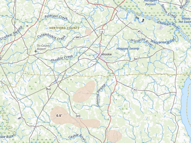 Radar-estimated hail-size map of the storm over Ahoskie, NC on Aug 20, 2026