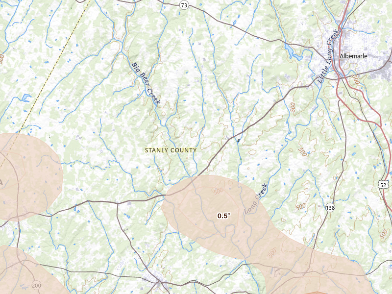 Radar-estimated hail-size map of the storm over Albemarle, NC on Aug 11, 2026