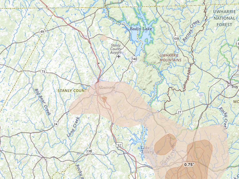 Radar-estimated hail-size map of the storm over Albemarle, NC on Aug 21, 2026