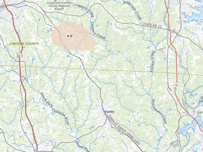 Radar-estimated hail-size map of the storm over Alexis, NC on Aug 11, 2026