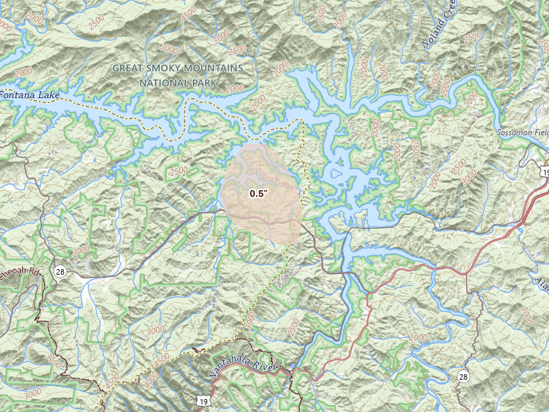 Radar-estimated hail-size map of the storm over Almond, NC on Aug 11, 2026