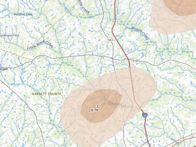 Radar-estimated hail-size map of the storm over Angier, NC on Jul 8, 2026