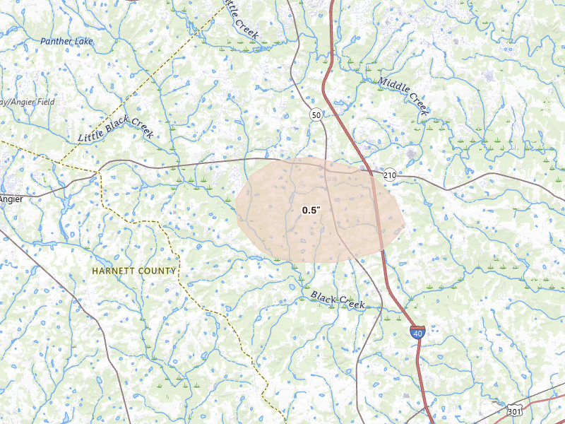 Radar-estimated hail-size map of the storm over Angier, NC on Jul 20, 2026