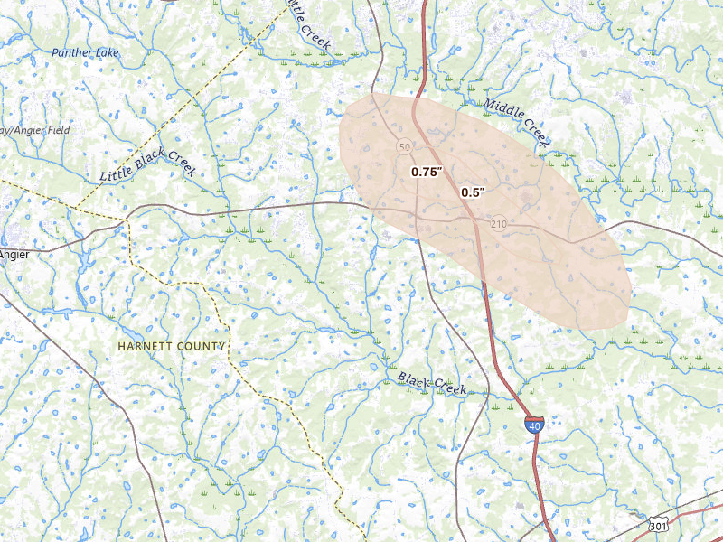 Radar-estimated hail-size map of the storm over Angier, NC on Aug 11, 2026