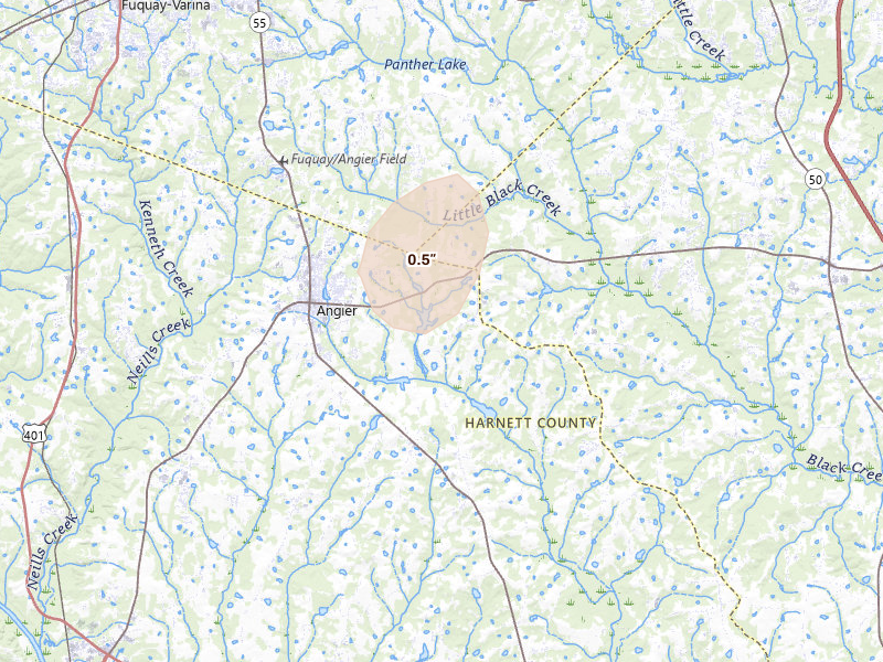 Radar-estimated hail-size map of the storm over Angier, NC on Aug 20, 2026