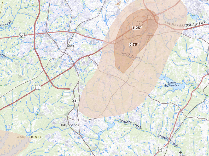 Radar-estimated hail-size map of the storm over Apex, NC on Jul 8, 2026