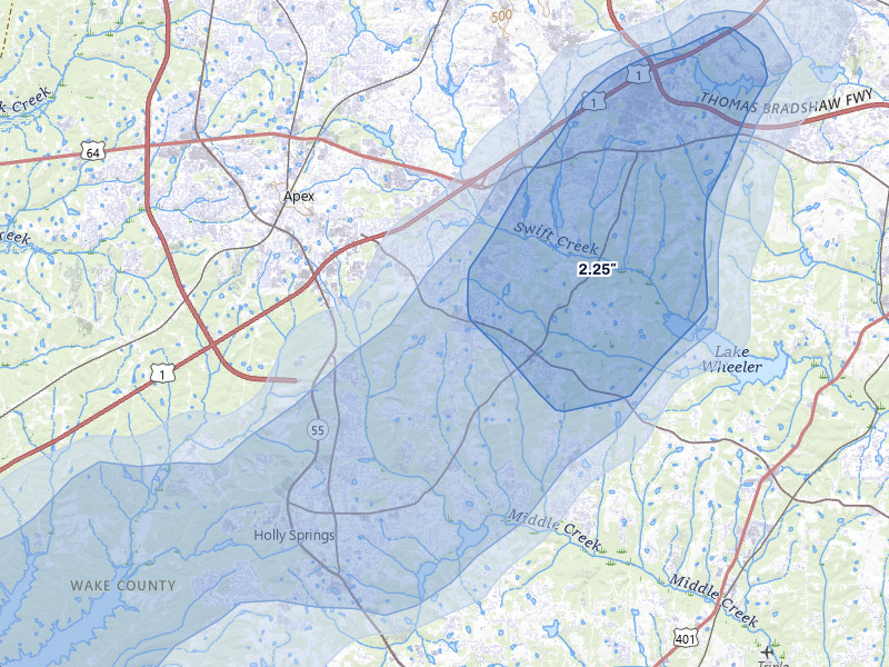 NEXRAD radar-signature map of the hail storm over Apex, NC on Jul 8, 2026