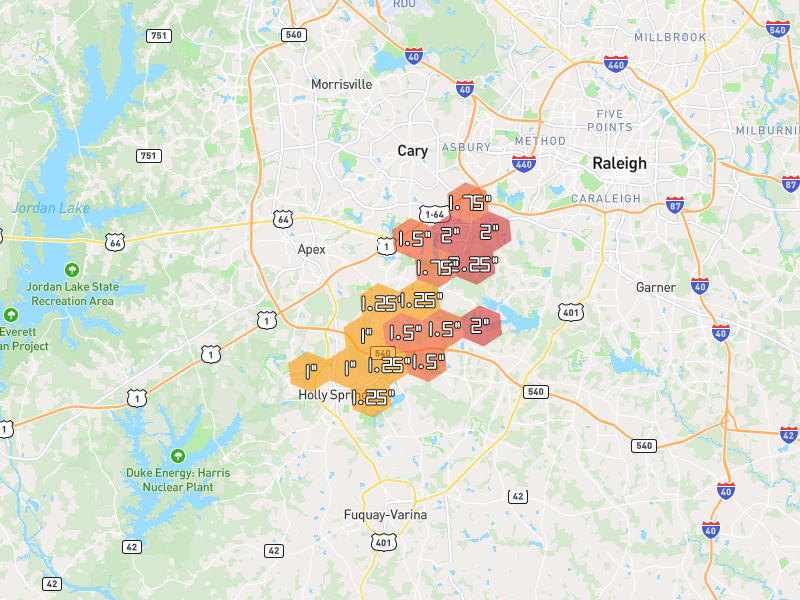 Hail map of Apex, NC on Jul 8, 2026, hail up to 2.25"