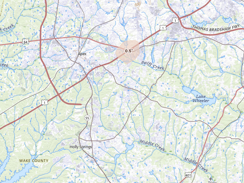 Radar-estimated hail-size map of the storm over Apex, NC on Jul 20, 2026