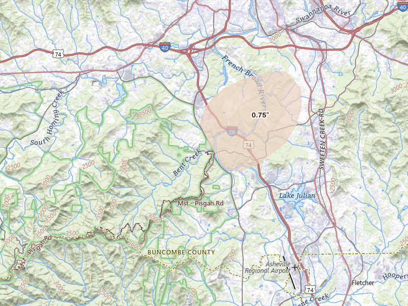 Radar-estimated hail-size map of the storm over Arden, NC on Jun 30, 2026