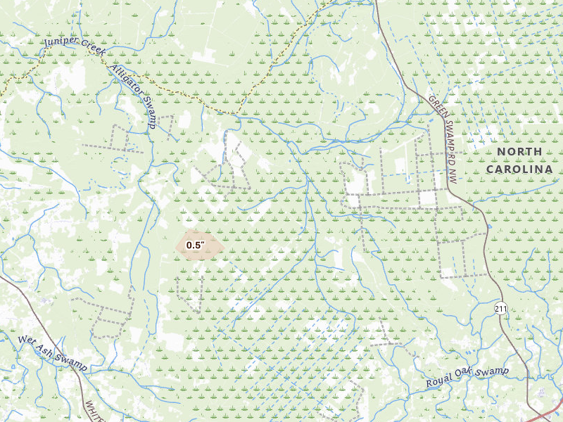 Radar-estimated hail-size map of the storm over Ash, NC on Jul 6, 2026