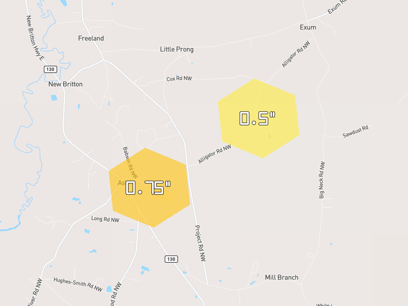 Hail map of Ash, NC on Jul 6, 2026, hail up to 0.75"